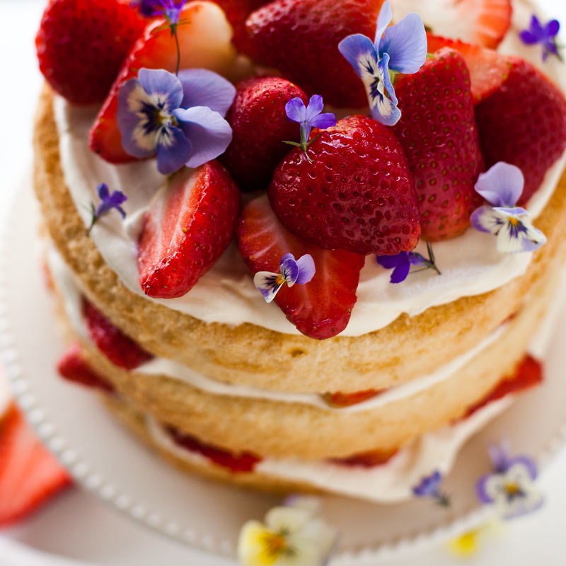 flores comestibles (violas y lobelias) adornando un bizcocho